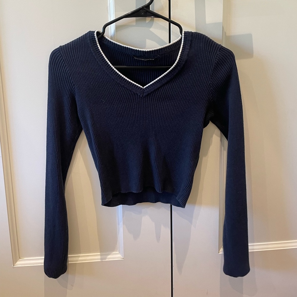 Brandy Melville v-neck blue and white cropped sweater